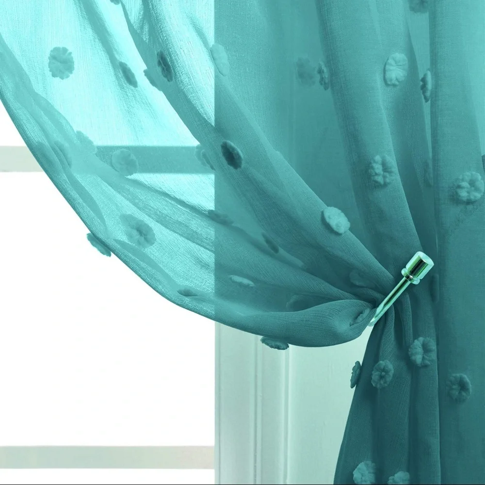 Luxury Home | Boho Chic ✨ Teal Sheer Pom Pom Textured Short Boutique Curtains